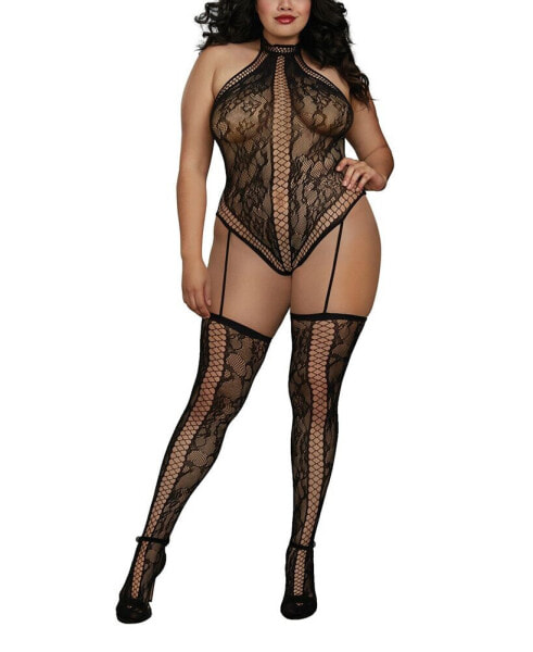 Women's Plus Size Lace Teddy Body Stocking Lingerie with Attached Garters and Stockings