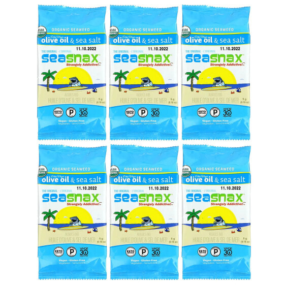 SeaSnax, органические водоросли, оригинальные, нерафинированное оливковое масло высшего качества и морская соль, 6 пакетиков по 5 г (0,18 унции)
