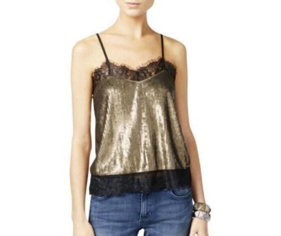 Guess Womens Sequined Lace Trim Camisole Top Gold Size S
