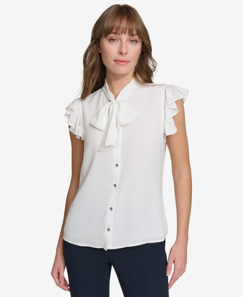 Women's Flutter-Sleeve Tie-Neck Blouse