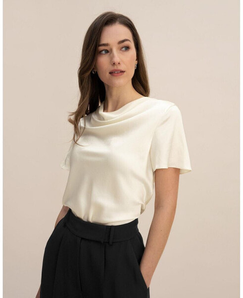 Cowl Neck Short Sleeves Silk T-Shirt for Women