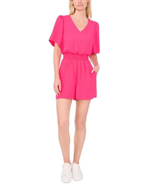 Women's Flutter-Sleeve V-Neck Smocked Romper