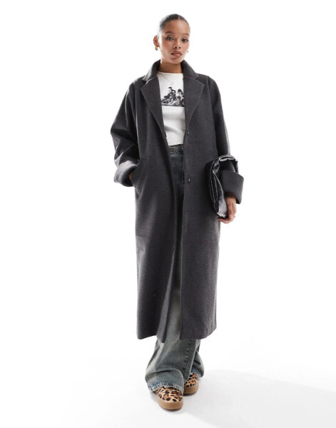 Noisy May faux wool maxi overcoat in dark grey melange