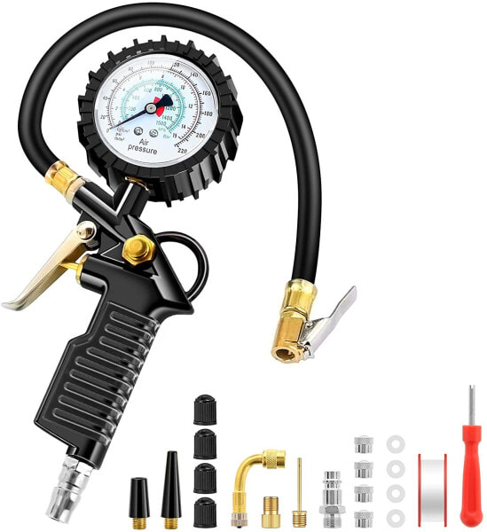 BURNNOVE Tyre Inflator Digital Tyre Pressure Gauge 220 PSI Multifunctional Air Pressure Gauge with Multiple Spare Parts Tyre Inflation Gauge for Cars Motorcycles ATVs and Bicycles