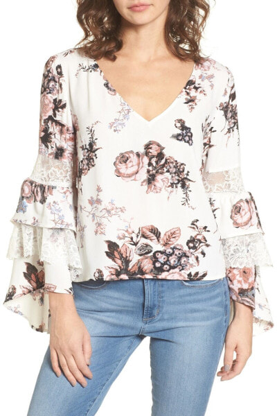 Leith 163811 Women's Ruffle Bell Sleeve Floral Print Top Size M