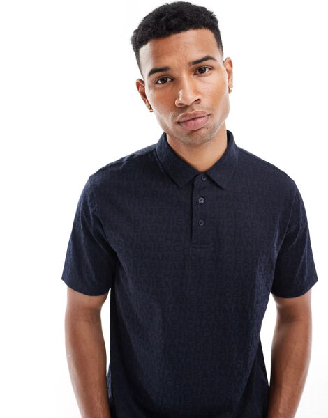 Armani Exchange polo with tonal all over lettering print in navy