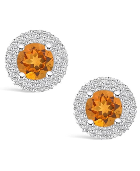 Citrine (1-1/2 ct. t.w.) and Diamond (1/2 ct. t.w.) Halo Stud Earrings in 14K White Gold