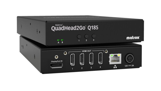 Matrox QuadHead2Go Q185 Multi-Monitor Controller Appliance / Q2G-DP4K - Black - Metal - Regulatory/environmental compliance: EMC Class A: FCC - CE - KC - RCM - VCCI - 1000 Mbit/s - 10/100Base-T(X) - 1 GB