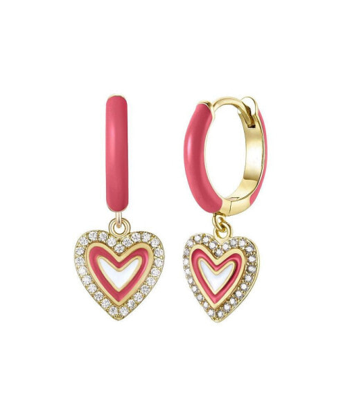 Kids/teens 14k Gold Plated with Cubic Zirconia & Magenta-Red Enamel Halo Heart Dangle Charm Hoop Earrings