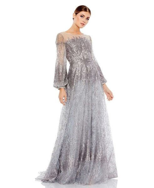 Women's Jewel Encrusted Illusion Long Sleeve A Line Gown