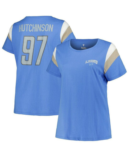 Women's Aidan Hutchinson Blue Detroit Lions Plus Size Sleeve Stripe Name Number T-Shirt
