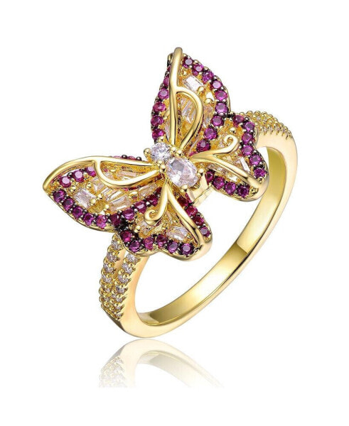 RA Young Adults/Teens 14k Yellow Gold Plated with Amethyst & Cubic Zirconia Butterfly Split Top Ring