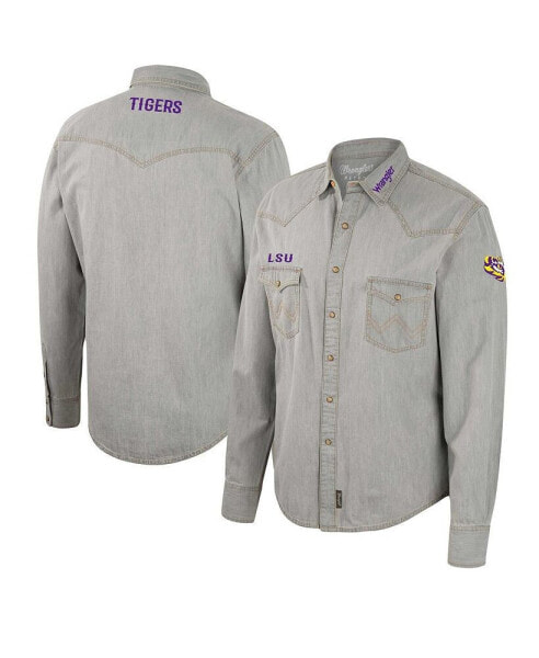 Men's x Wrangler Gray LSU Tigers Cowboy Cut Western Full-Snap Long Sleeve Shirt