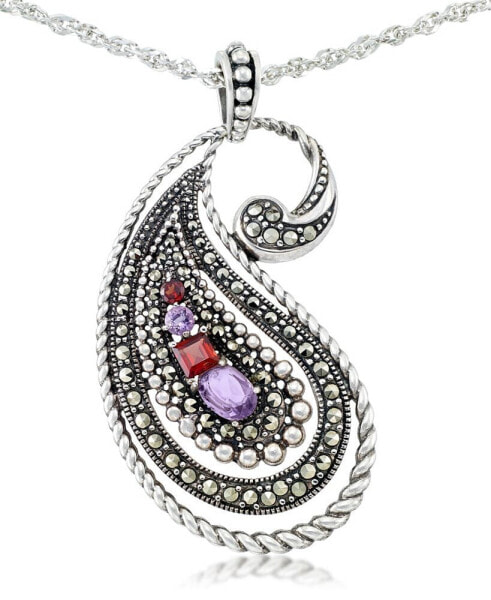 Amethyst (5/8 ct. t.w.), Garnet (3/8 ct. t.w) & Marcasite Paisley Pendant on 18" Chain in Sterling Silver