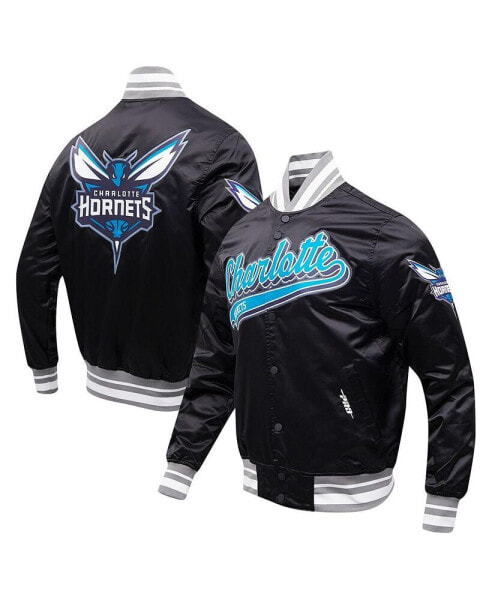 Men's Black Charlotte Hornets Script Tail Full-Snap Satin Varsity Jacket