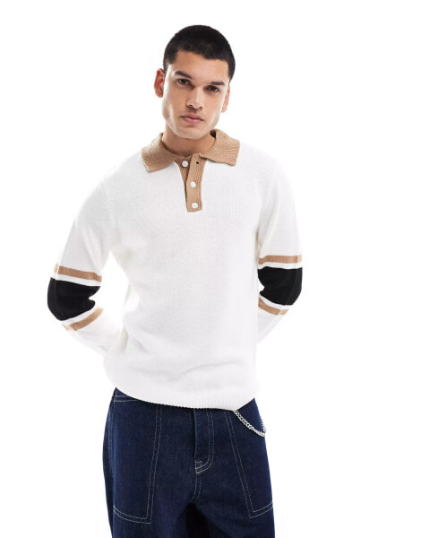 ASOS DESIGN knitted rugby jumper with stripe sleeves in white