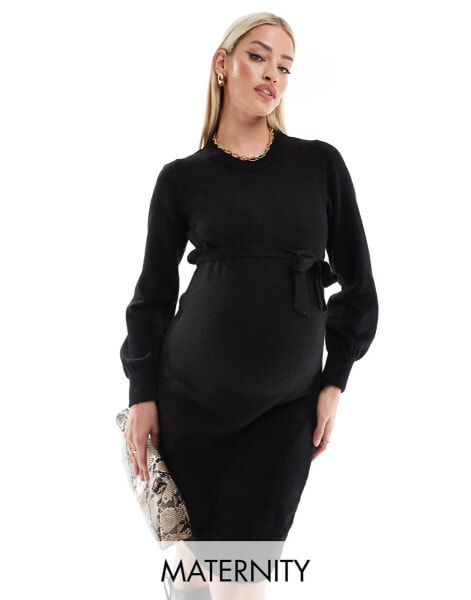 Mamalicious Maternity knitted mini dress with belt in black