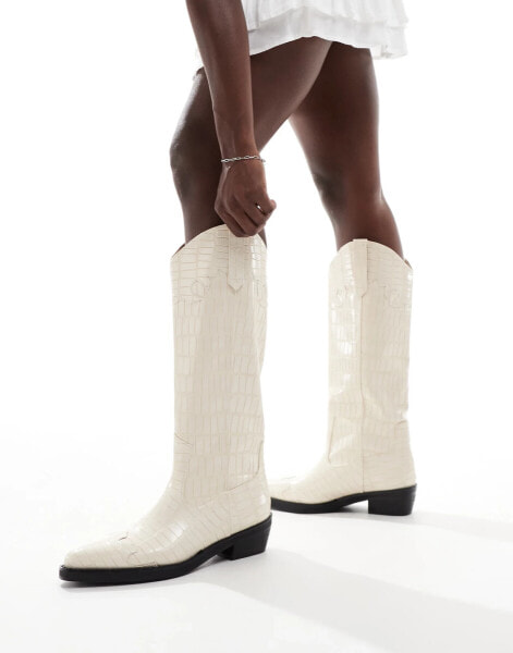 Public Desire Apollop western knee boots in cream croc