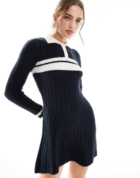 Miss Selfridge stripe detail polo dress in navy