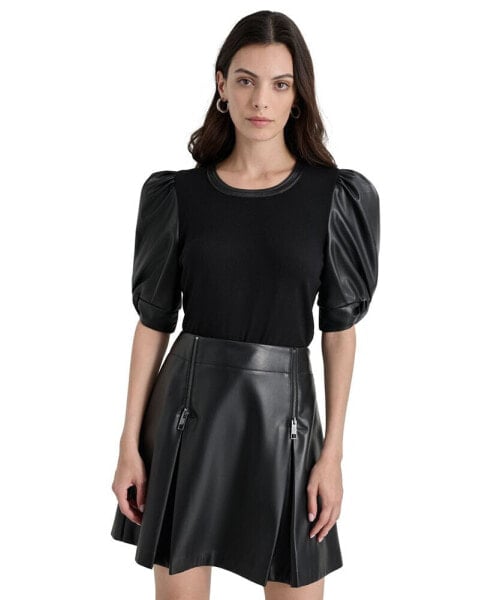 Women's Faux-Leather Puff-Sleeve Blouse