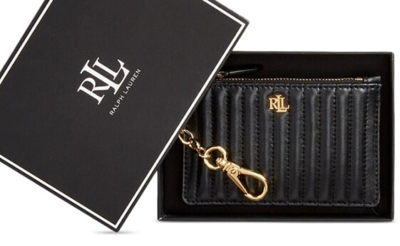 Lauren Ralph Lauren Quilted Nappa Leather Zip Card Case in Gift Box Black