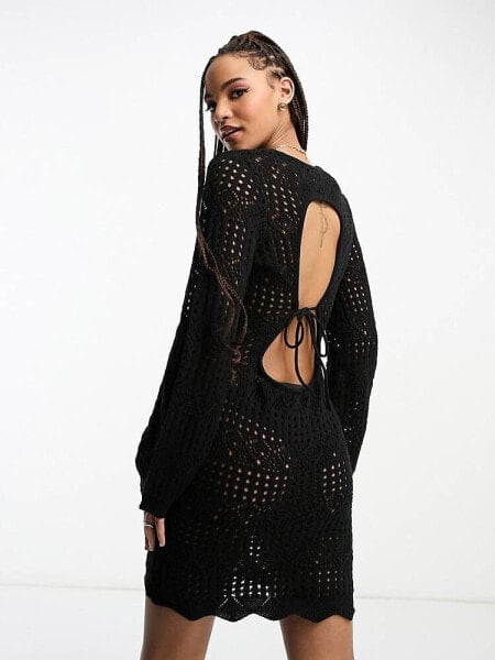 Miss Selfridge long sleeve open back crochet dress in black 