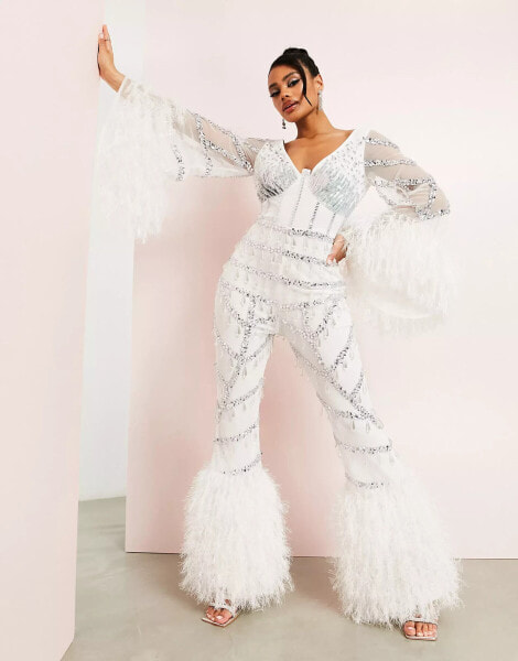 ASOS LUXE embellished wide leg jumpsuit with faux feather trim detail in white