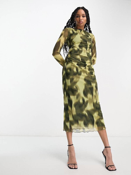 & Other Stories mesh midi dress in yellow print