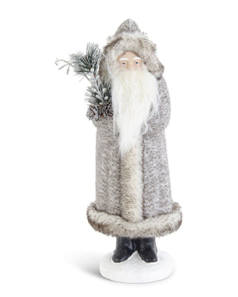K&K Interiors 17In Gray Fuzzy Coat Santa With Pinecone Gray