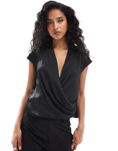 Mango wrap front sleeveless satin shirt in black