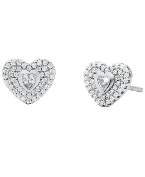 Sterling Silver Pave Heart Stud Earrings
