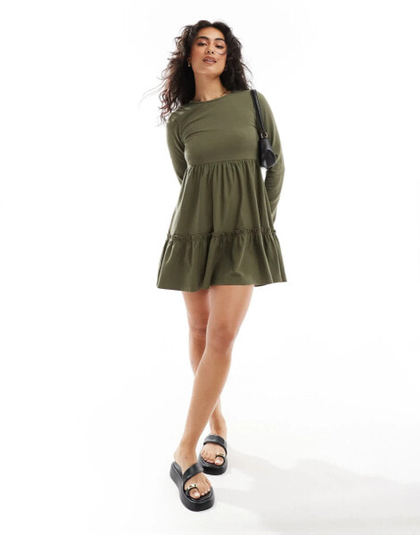 Miss Selfridge long sleeve washed smock mini dress in khaki