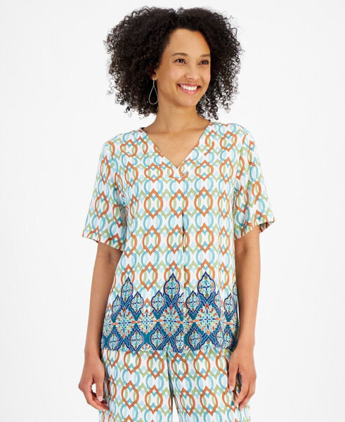 Women's Linen Blend Printed V-Neck Short-Sleeve Top, Created for Macy's