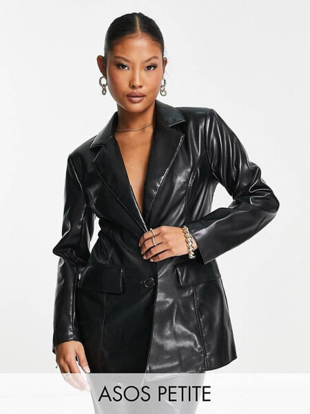 ASOS DESIGN Petite fitted leather look blazer in black