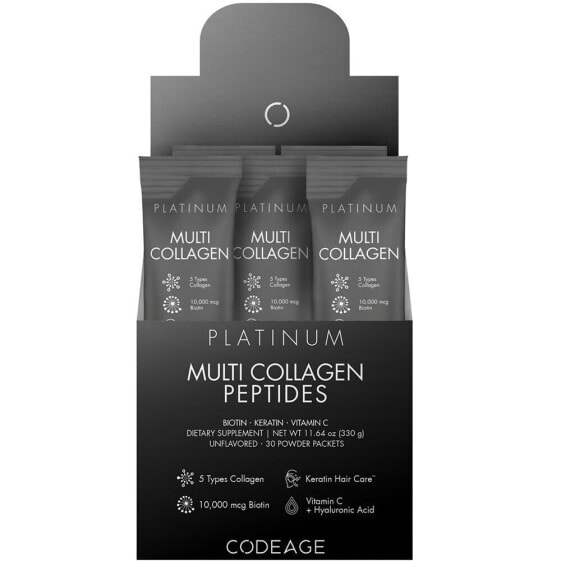 Multi Collagen and Biotin 10,000 mcg + Vitamin C Powder Supplement, B6 & D3 - Platinum - 30 Stick Packs