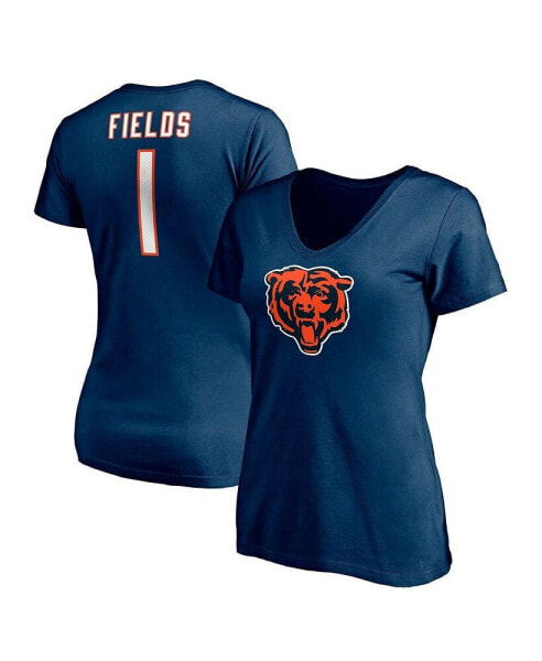 Women's Justin Fields Navy Chicago Bears Logo Player Icon Name and Number V-Neck T-shirt