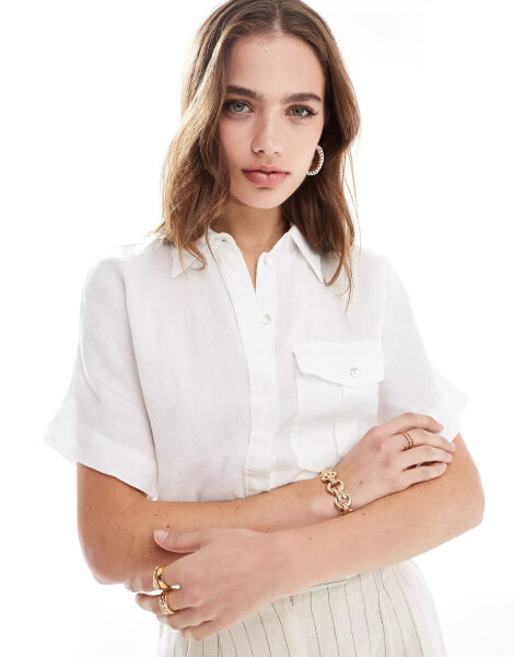 Mango short sleeve linen shirt in white