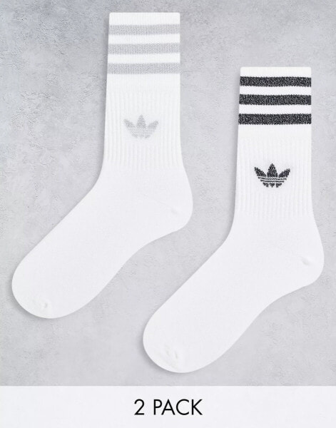 adidas Originals 2 pack glitter mid cut socks in white/silver