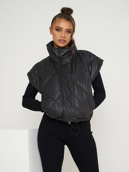 Aria Cove cropped wet look padded coat with detachable sleeves in black