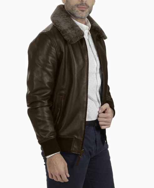 Men's Removable-Collar Leather Bomber Jacket