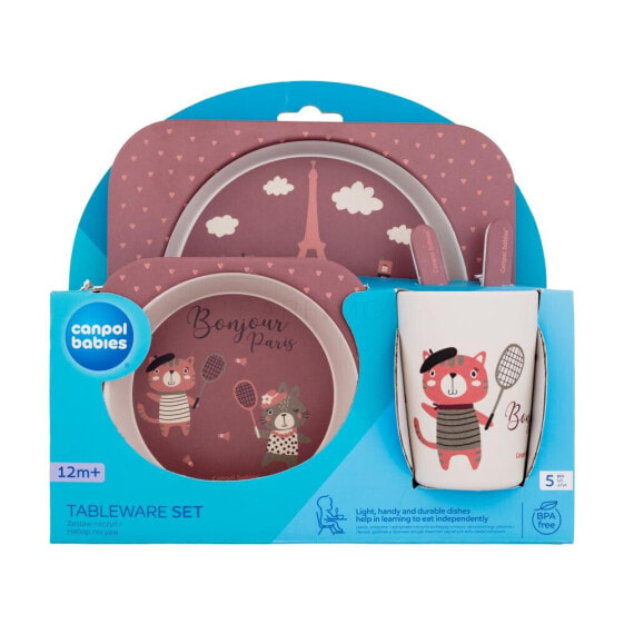 Canpol babies Bonjour Paris Tableware Set Red 300 ml geschirr für Kinder Schale 300 ml + Teller 250 ml + Tasse 250 ml + Löffel + Gabel