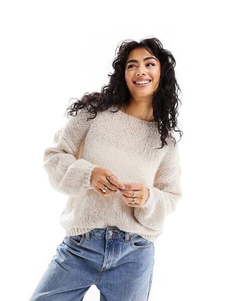 Only wide neck oversized sleeve jumper in cream