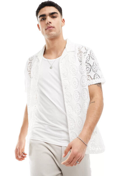 Brave Soul crochet revere collar shirt in off white