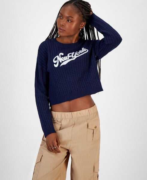 Juniors' Cable-Knit Varsity Lettering Sweater