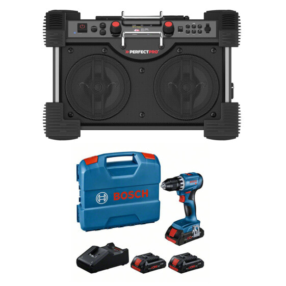 PerfectPro Baustellenradio-Set ROCKHART 18V + Bosch GSR 18V-45, 3x 4,0 PC und Lader