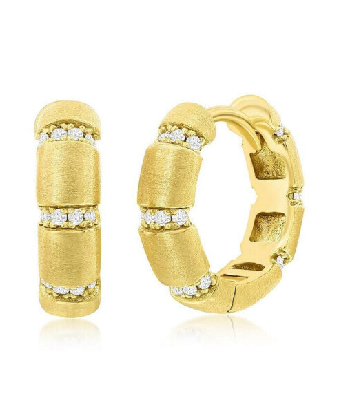 Gold Plated Over Sterling Silver Lined CZ Matte 15mm Hoop Earrings
