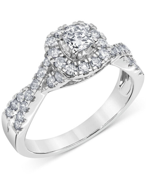 Diamond Cushion & Round Halo Twist Engagement Ring (3/4 ct. t.w.) in 14k White Gold