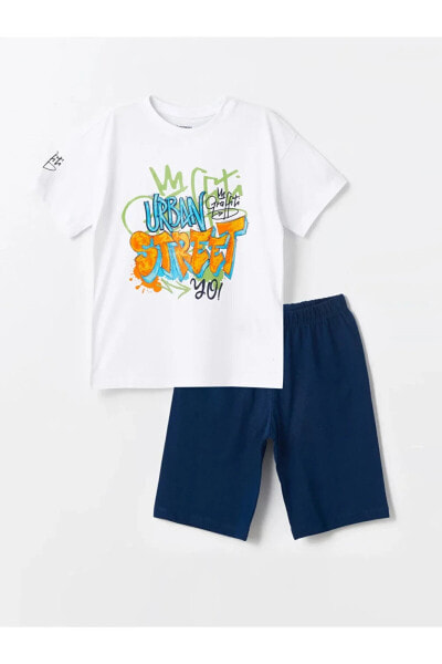 LCW Kids Bisiklet Yaka Baskılı Kısa Kollu Erkek Çocuk Şortlu Pijama Takımı
