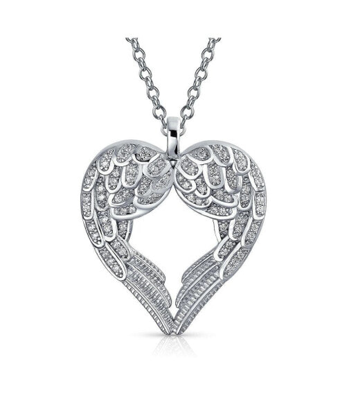 Bling Jewelry pave Cubic Zirconia CZ Heart Kissing Feather Guardian Angel Wing Dangling Pendant Necklace For Women For Teen .925 Sterling Silver