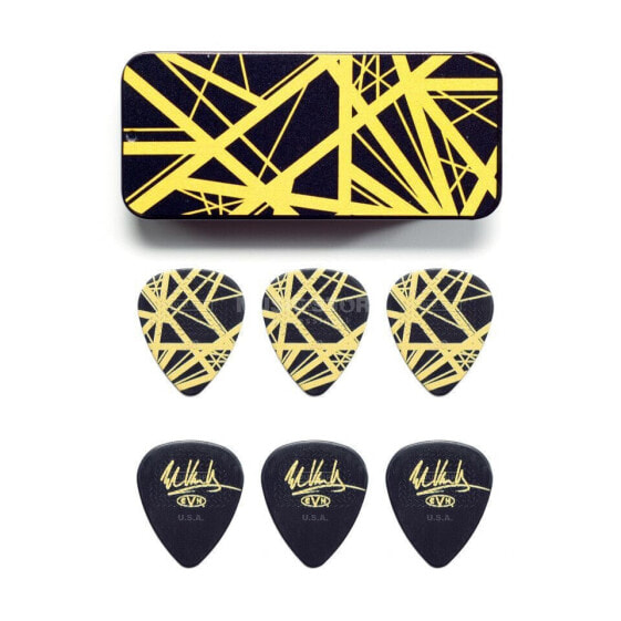 Dunlop EVH PT04 Black Pick Tin with Yellow Stripes Set of 6